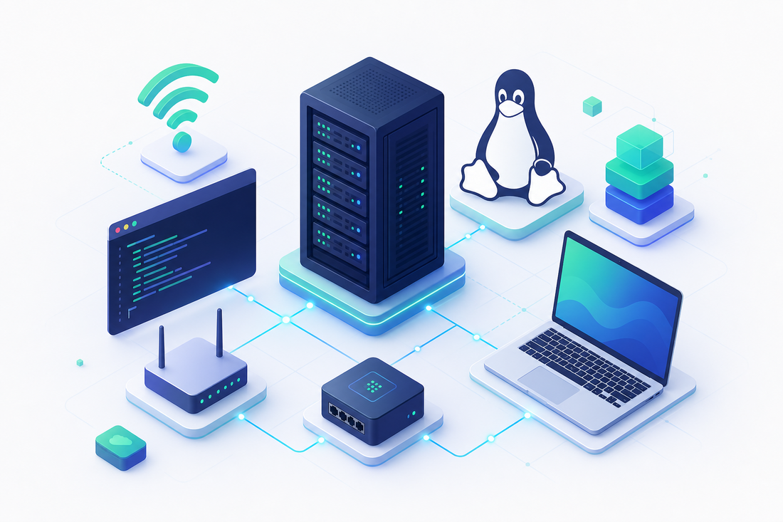 Ilustración de infraestructura TI: servidor, red, Linux, terminal y WiFi